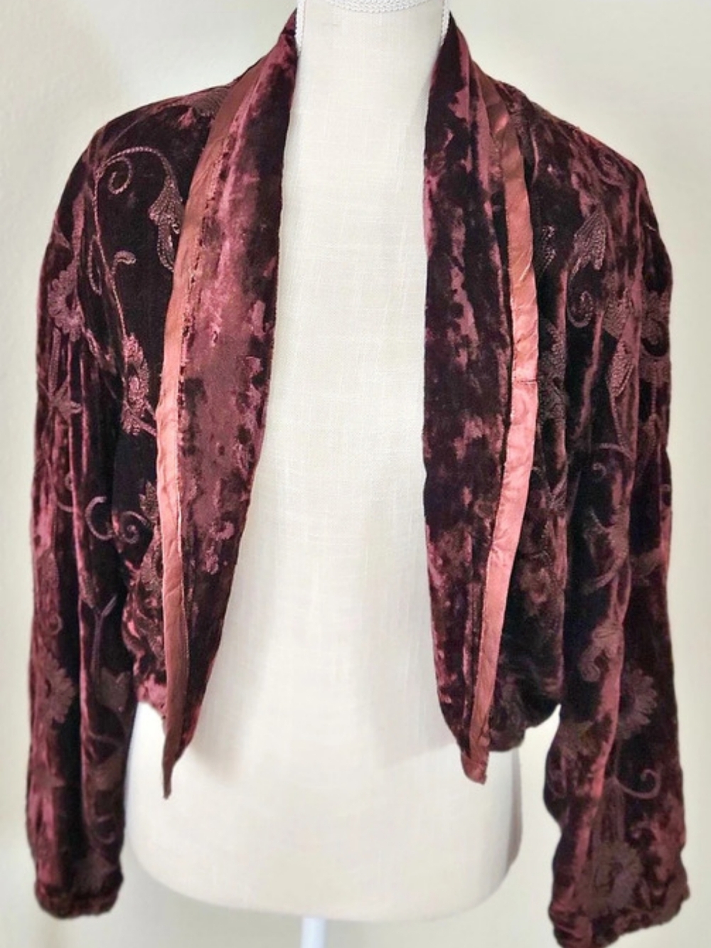 Vintage 90s Raaga Embroidered Velvet Bolero Jacket Chocolate Brown Free Size